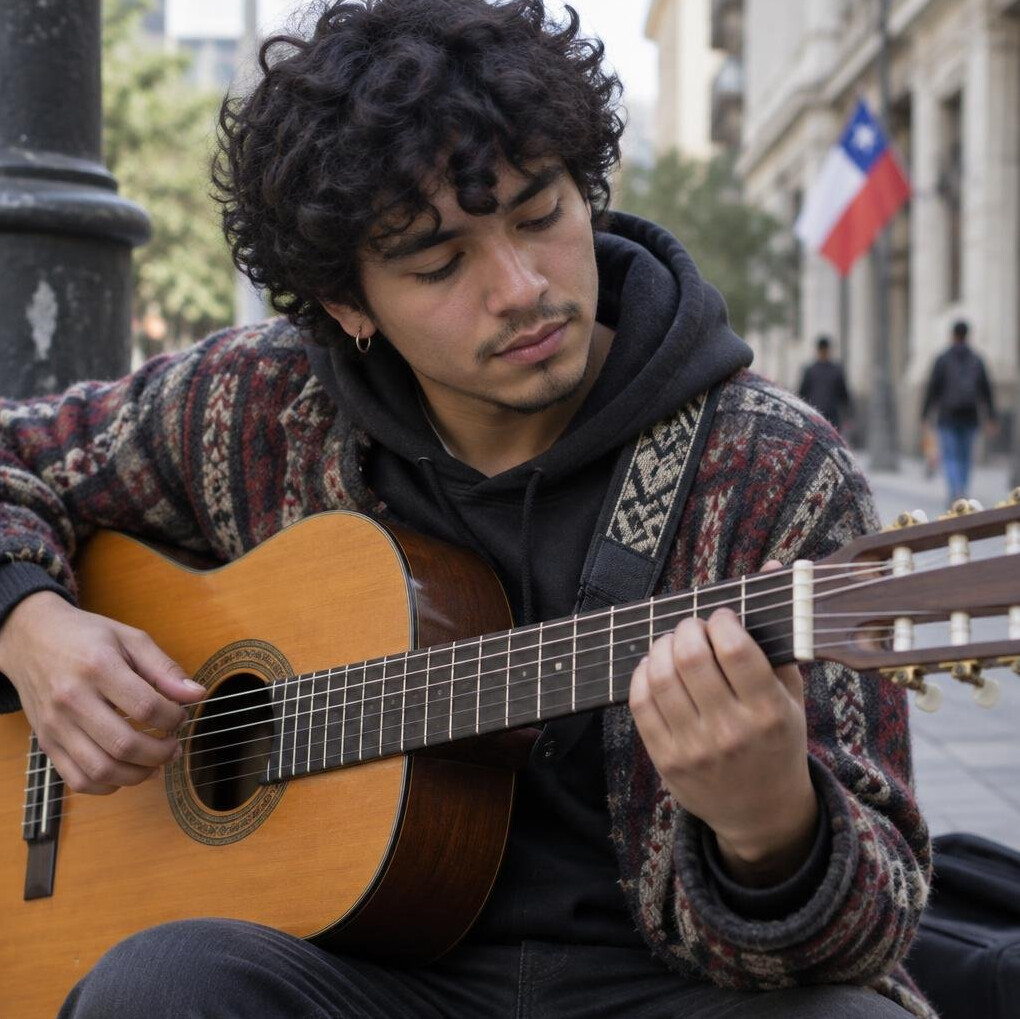 Candid portrait of a young Chilean street musician playing guitar