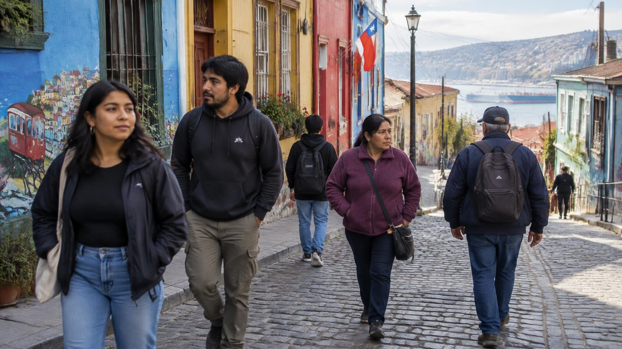 Pedestrians walking on a cobblestone street in Valparaiso Chile