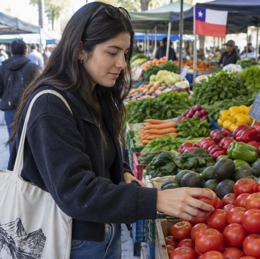 Young woman shopping at a colorful outdoor market in Chile