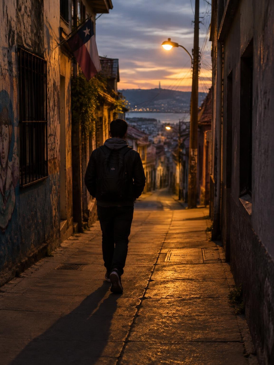 Person walking alone down a narrow alley in a Chilean city at dusk