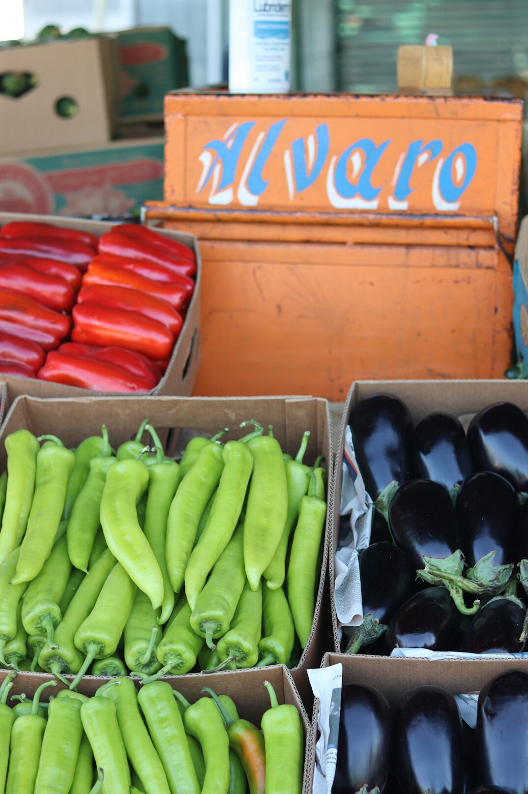 Vendor and customer interacting at a fresh produce market stall in Chile