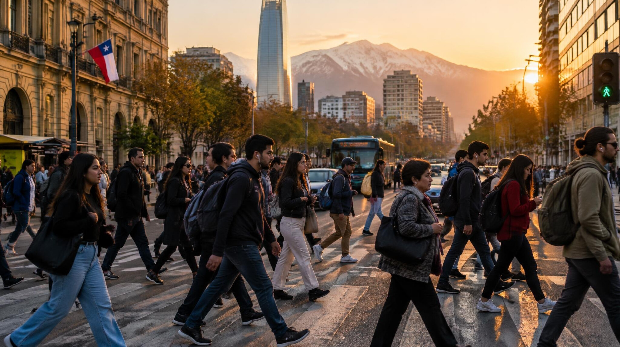 People crossing a busy street in Santiago Chile at golden hour