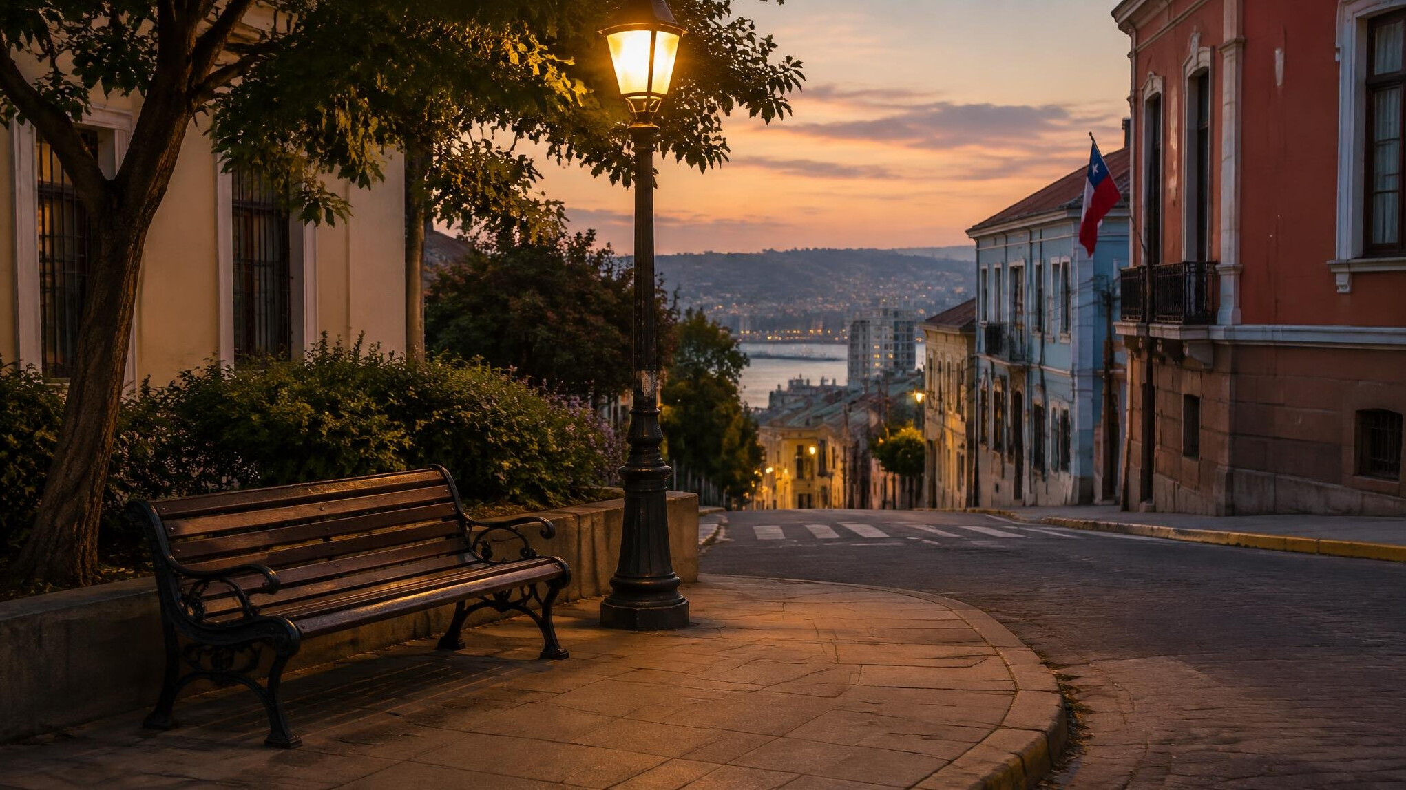 Quiet urban corner in a Chilean city with a bench at dusk